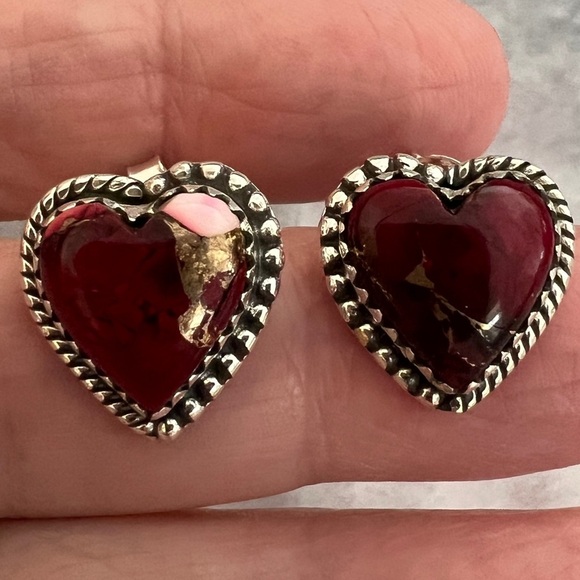 ❤️ Red Rose Pink Dahlia Turquoise 925 Southwestern Post Back Heart Earrings 7 gm - Picture 3 of 10